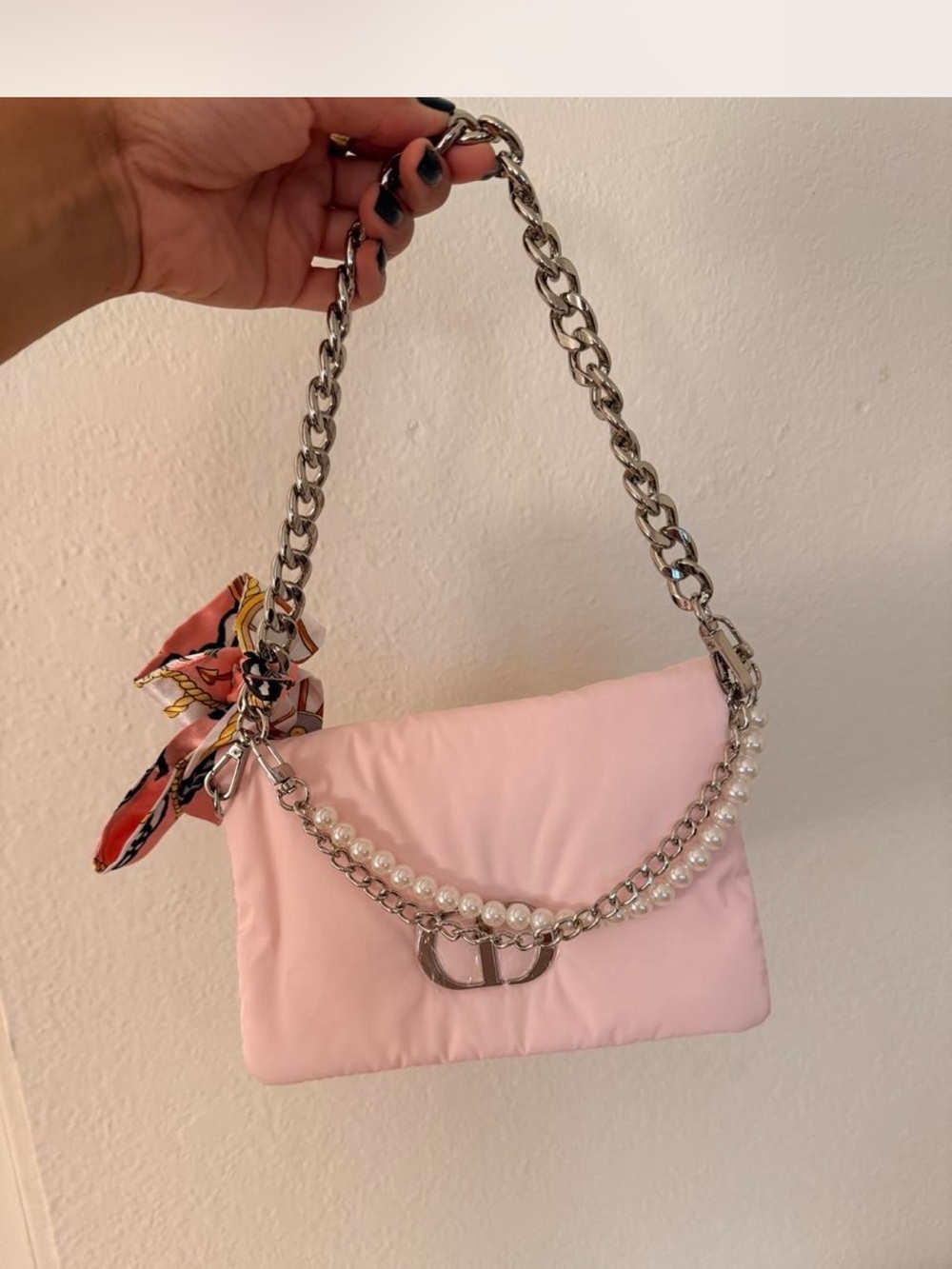 Dior Pink Pearl-Trim Shoulder cosmetic with Chain and Scarf Accent